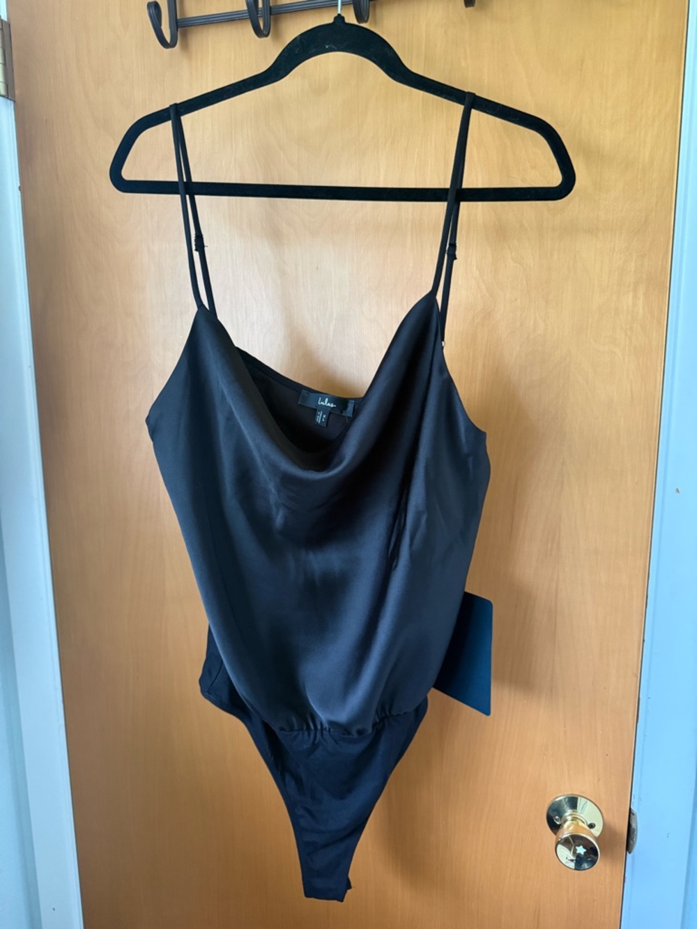 NWT Lulu's Black Satin Cowl Neck Bodysuit with Spaghetti Straps Size XL